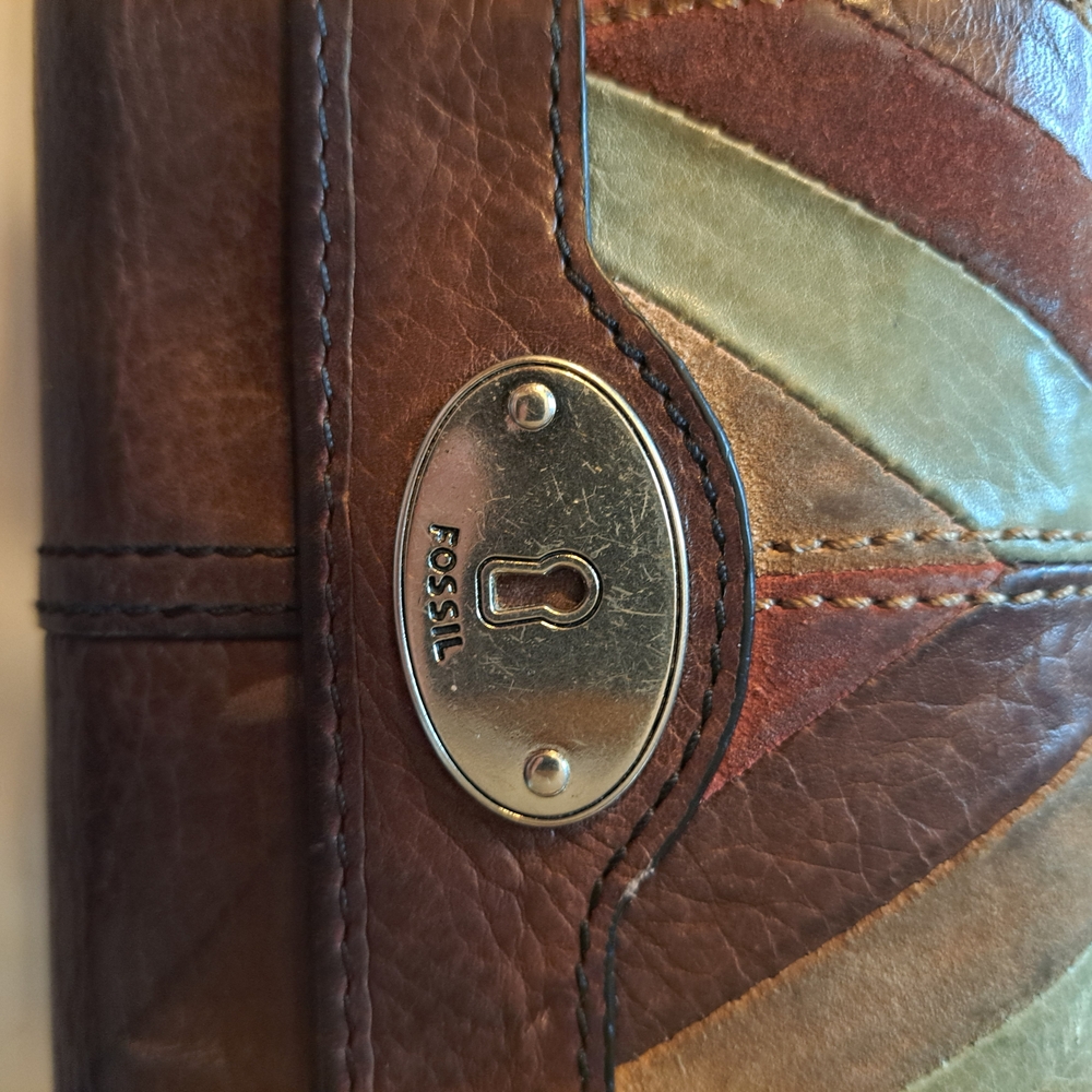 Vintage Fossil Maddox Chevron Patchwork Leather Wallet - Boho Trifold with Key - Picture 2 of 6